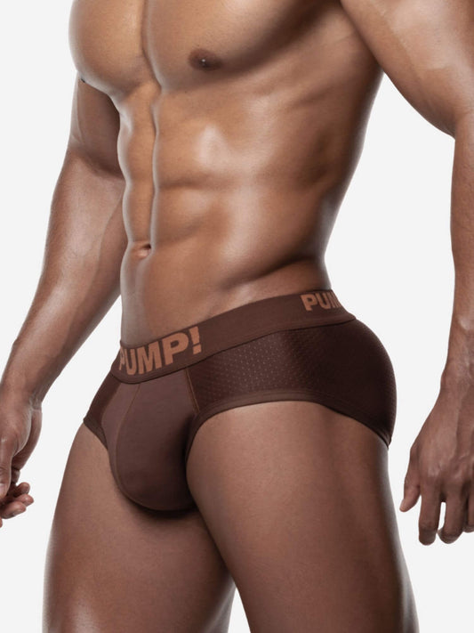 'PUMP!' Espresso brown brief underwear on a white background