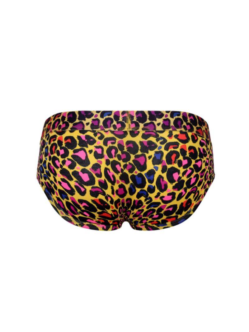 Colorful leopard print swim briefs on a white background