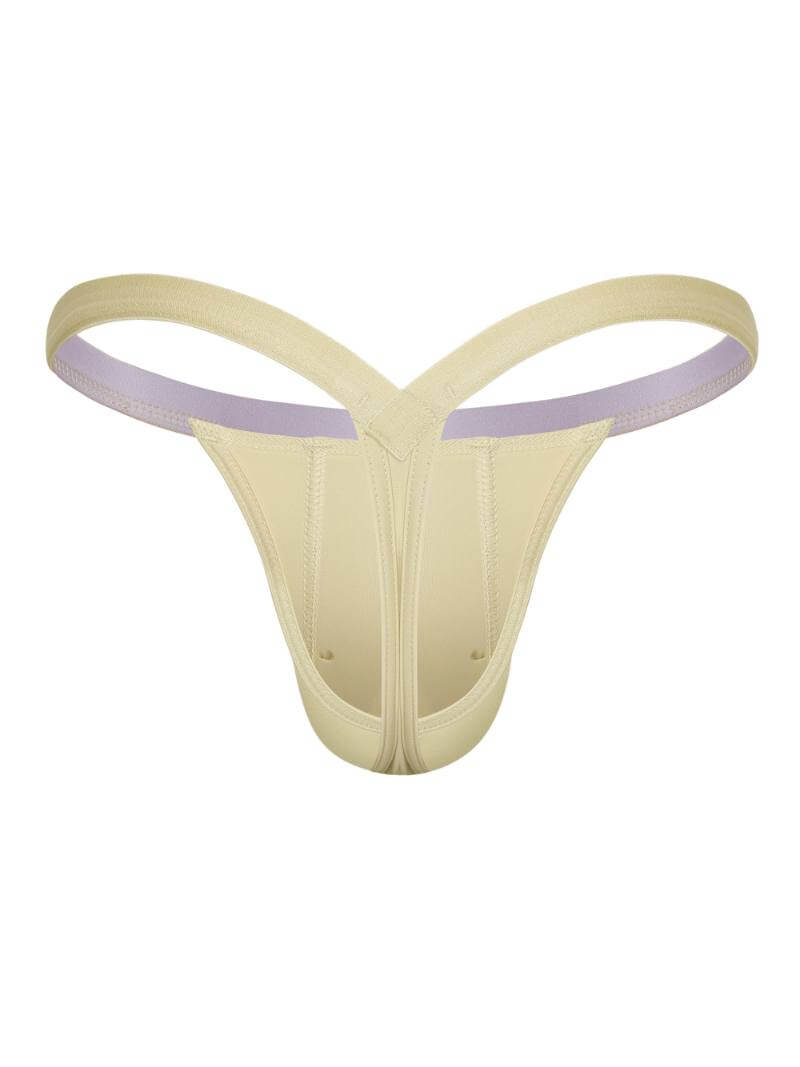 Beige thong with purple waistband on a white background