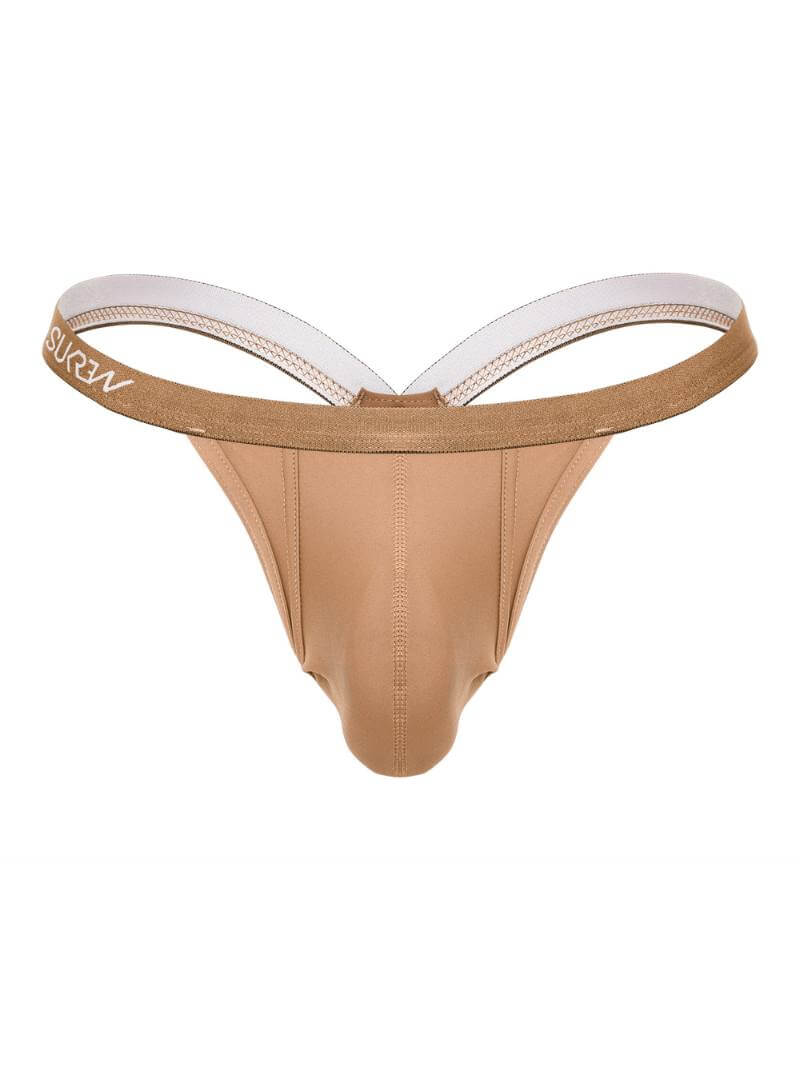 Beige thong with white mesh on a white background