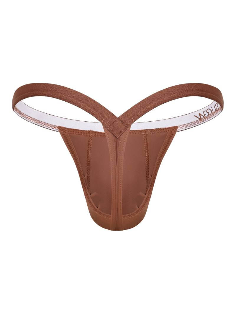 Gay Underwear Brown thong with mesh panels on a white background