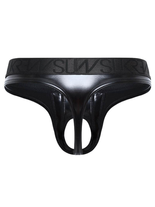 sukrew men's crochless u-style glossy black wet look underwear thong