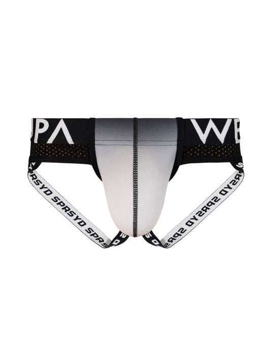 Black and white underwear with branding on a white background