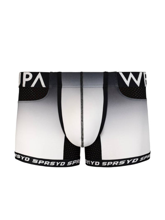 White athletic shorts with black accents and branding on a white background