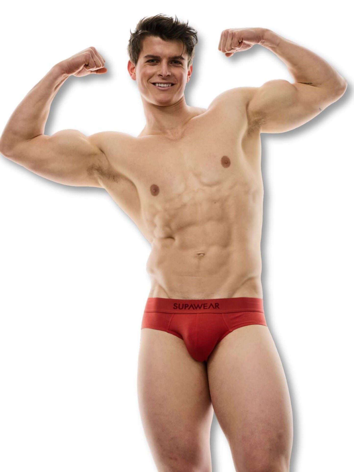 Man wearing red underwear with 'Superwear' branding on a white background