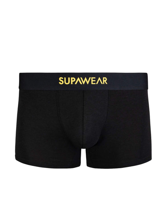 Black boxer briefs with yellow 'Supawear' logo on a white background