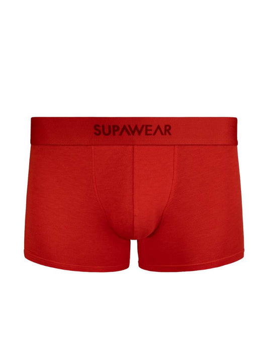 Red boxer briefs with a visible brand logo on a white background