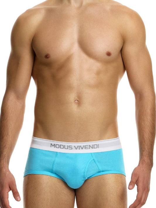 A model wearing a blue Modus Vivendi staple eco-cotton fly brief, with the brand's white waistband visible.