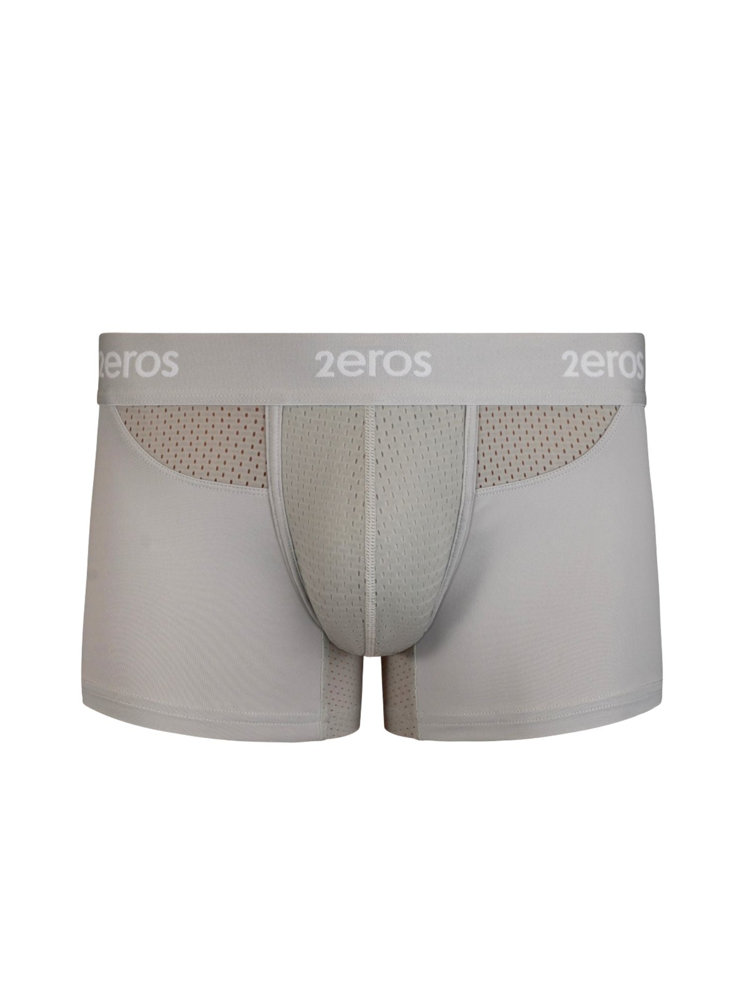 Grey boxer briefs with mesh accents on a white background, featuring the brand '2EROS'.
