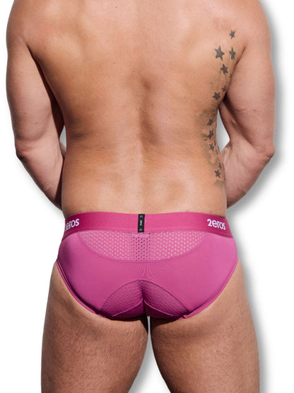 Person wearing a pink underwear with '2eros' branding on a white background