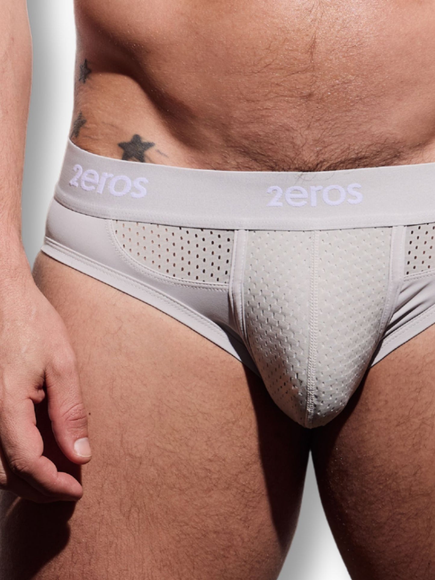 Gray men's underwear with '2eros' branding on a white background