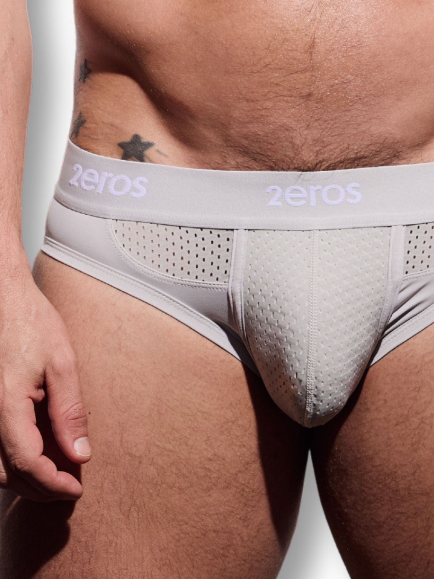 Gray men's underwear with '2eros' branding on a white background