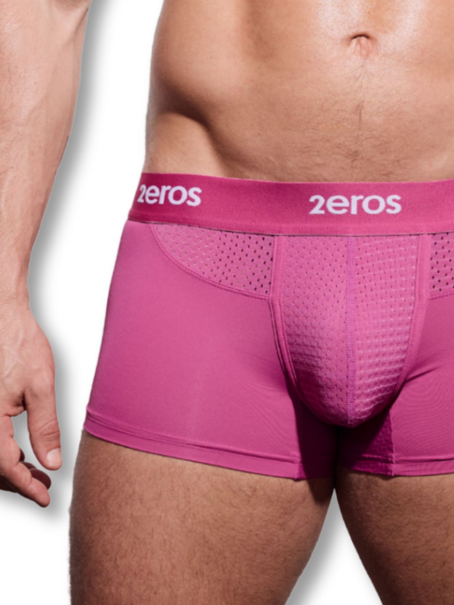 Pink underwear with '2eros' branding on a white background