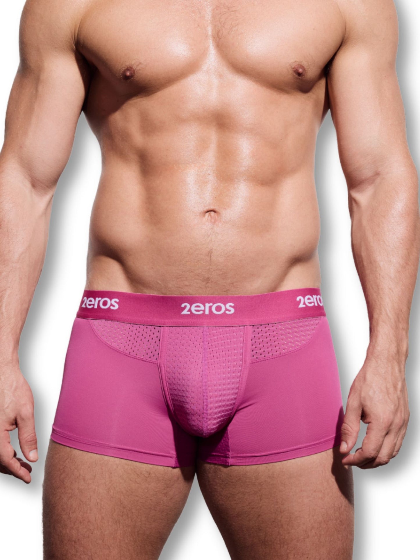 Man wearing pink underwear with '2eros' branding on a white background