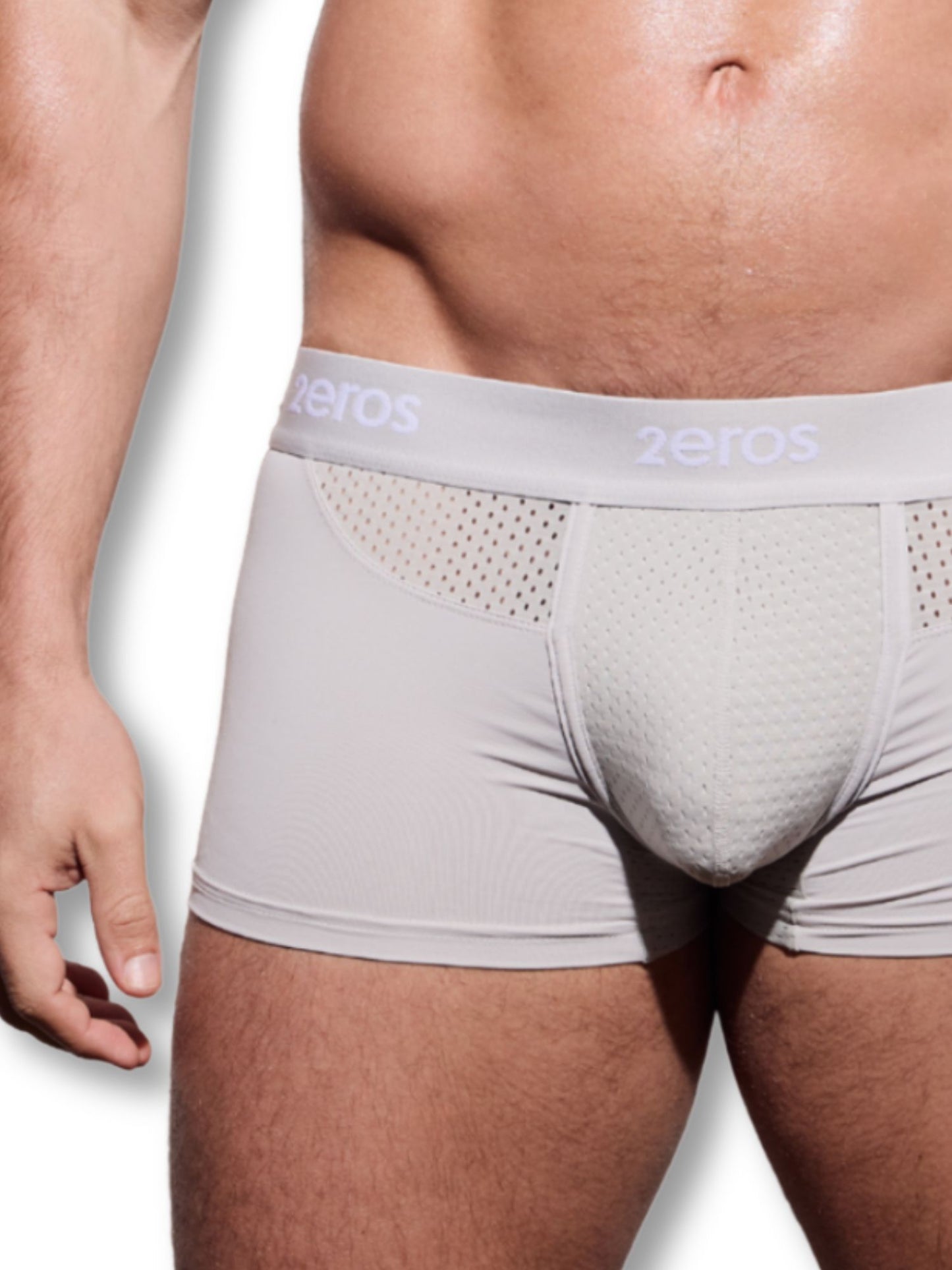 Gray men's underwear with '2eros' branding on a white background