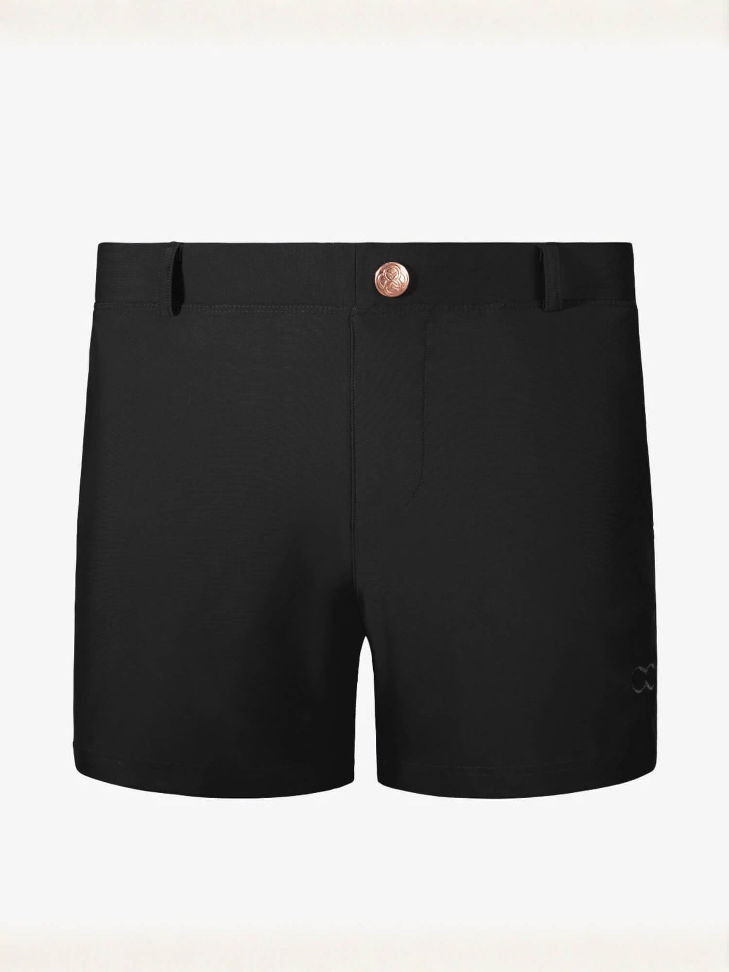 Black athletic shorts with a single rose gold button at the center waistband, displayed flat against a light off-white background.