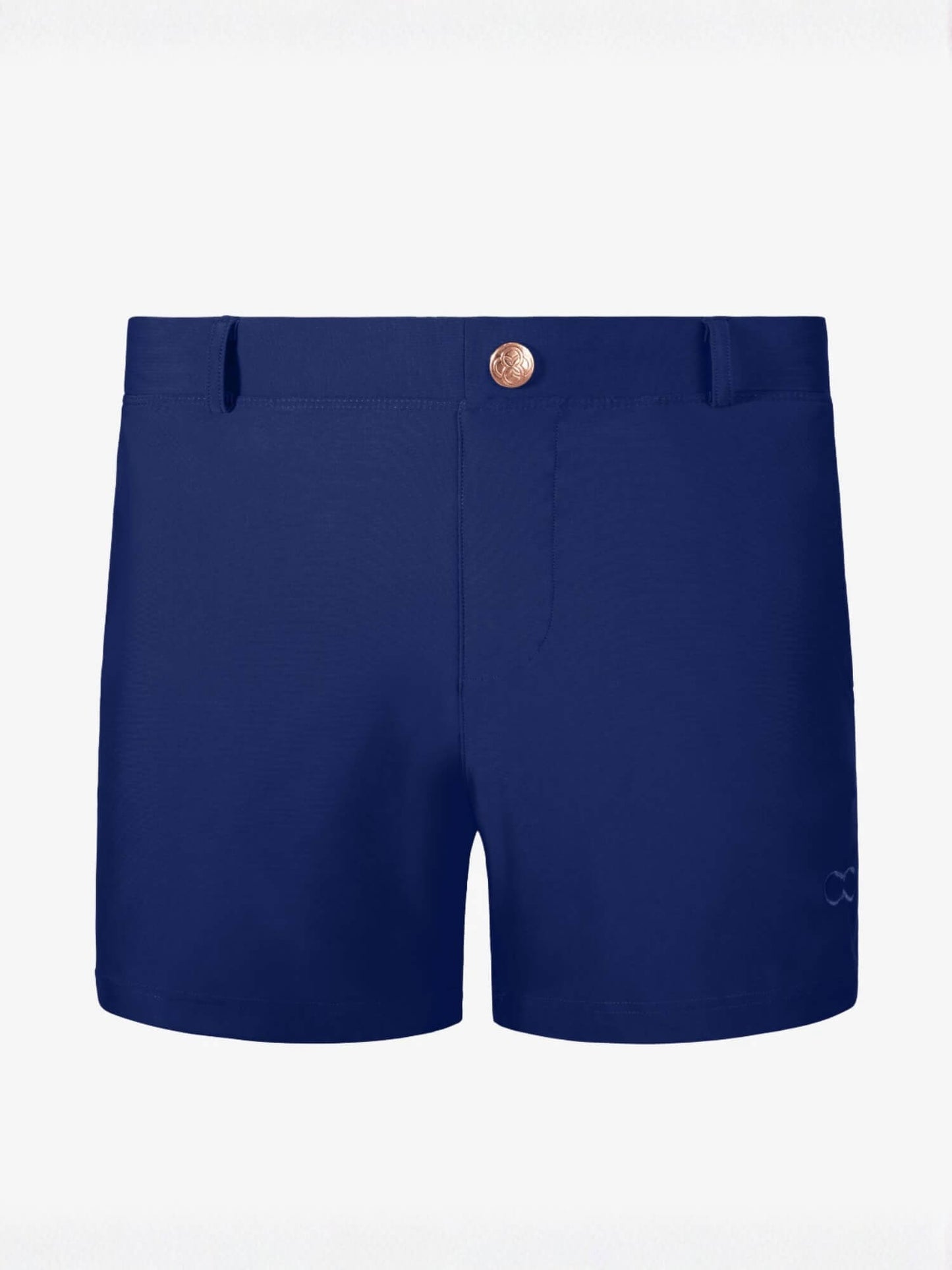 A pair of navy blue athletic shorts with a single metallic rose gold button at the waistband, displayed against a clean white background.