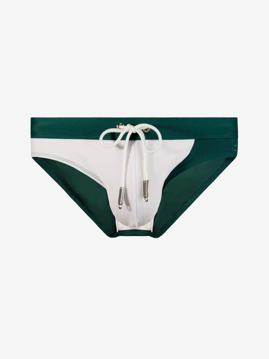 Colorblock bikini bottoms in dark green and white with a white drawstring waistband, shown flat on a light gray background.