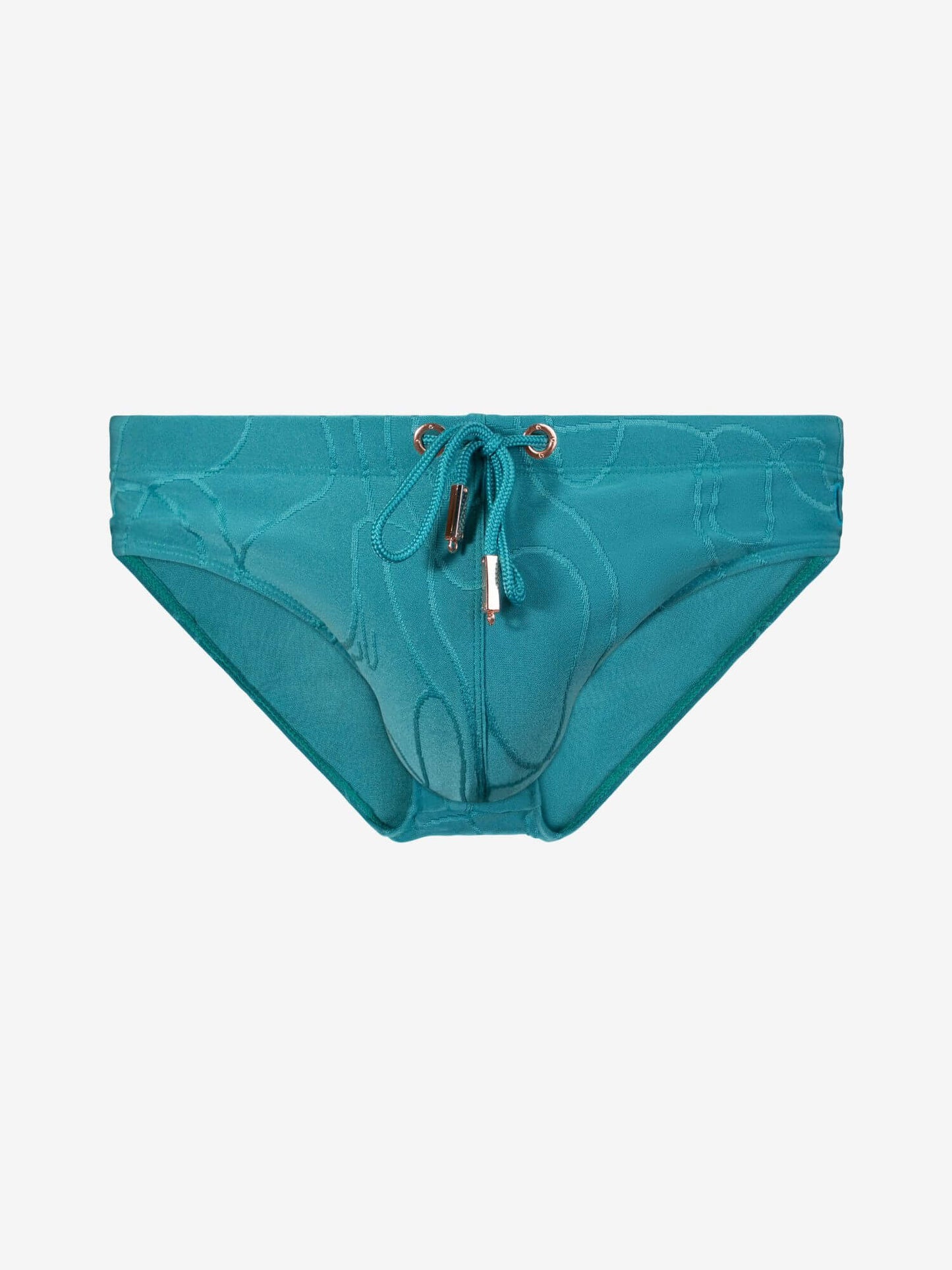 A pair of bikini bottoms featuring a subtle tonal abstract pattern, a front drawstring tie, and a small gold-tone  detail at the center front, displayed against a solid light gray background.