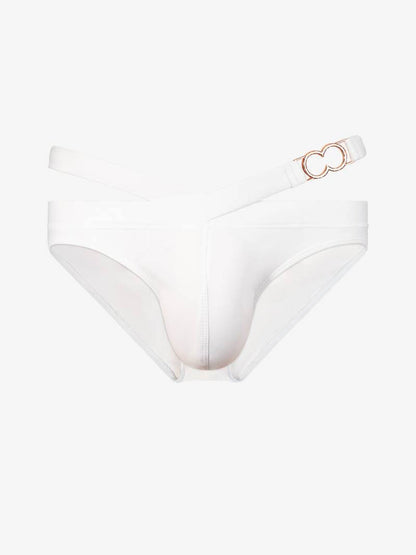 2eros V12 Men's Sexy White Bikini Swim Briefs with Side Windows and Metal Rose Gold Brand Details