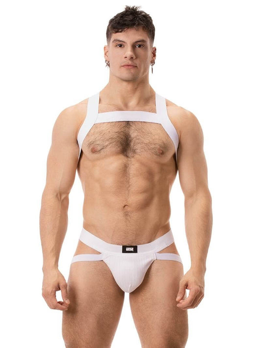A blue ribbed cotton butt lifting jockstrap by Barcode Berlin, featuring a sturdy thick waistband and elasticated jock straps, modelled by a male model.