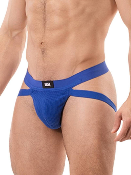 A blue ribbed cotton butt lifting jockstrap by Barcode Berlin, featuring a sturdy thick waistband and elasticated jock straps, modelled by a male model.