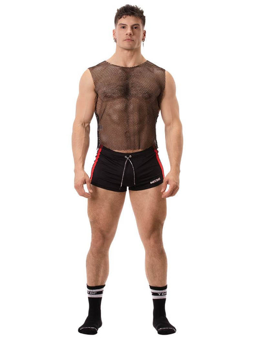 A male model wearing a sleeveless, round neck, mesh tank top in black with gold accents, paired with black shorts with red trim. The tank top has a clubwear and partywear style, semi-see-through with a shimmering effect.