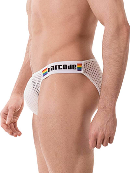 This image features the Barcode Berlin Regiro Pride Mesh Bikini Brief, modeled to showcase its fit and style. The brief has a striking design with a black mesh material that is partially see-through, offering a seductive and breathable underwear option.