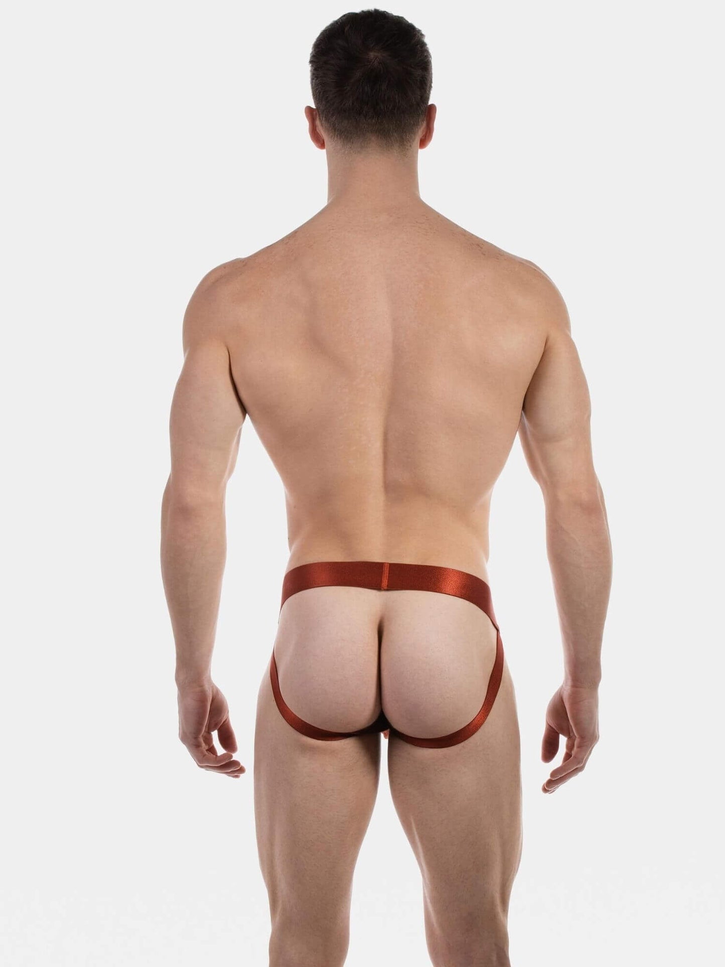 Rear view of a muscular man wearing a low-rise, satin-like reddish-brown jockstrap with a wide waistband, set against a plain light gray background.