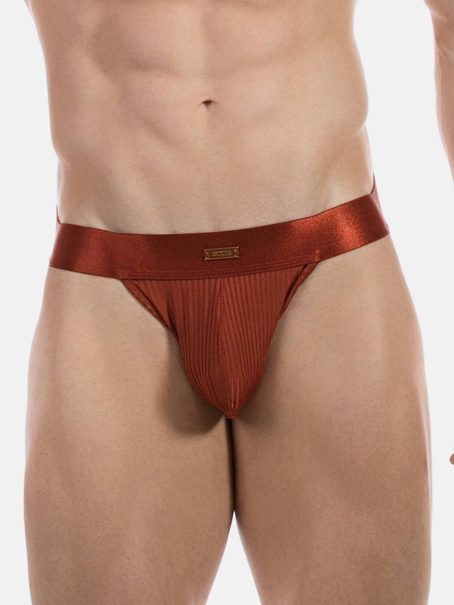 A close-up of a male model wearing a metallic copper-brown jockstrap with a ribbed pouch and a wide elastic waistband, set against a plain white background.