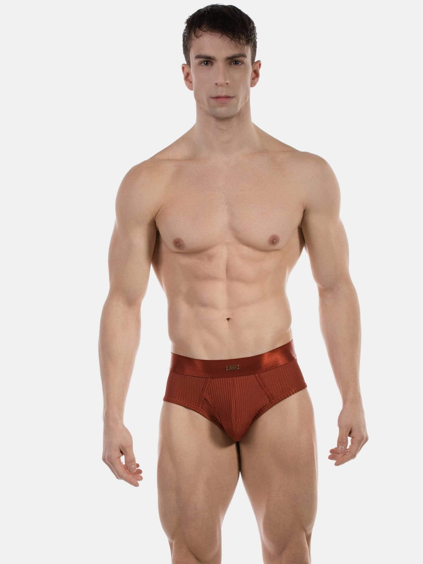 A muscular male model wearing a pair of low-rise, textured reddish-brown briefs against a solid light gray background.