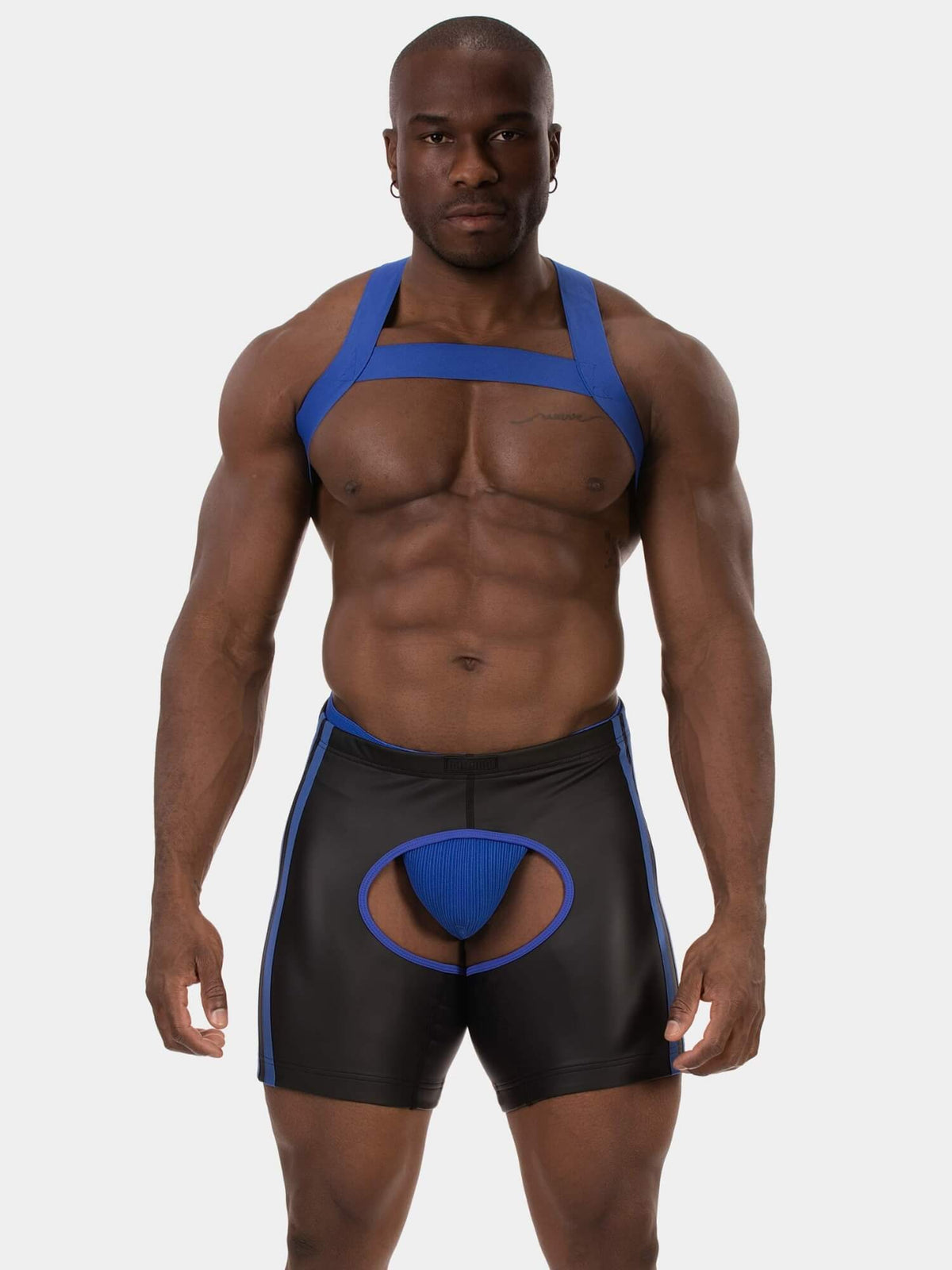 Barcode Berlin blue and black Jinho chaps shorts in leatherette