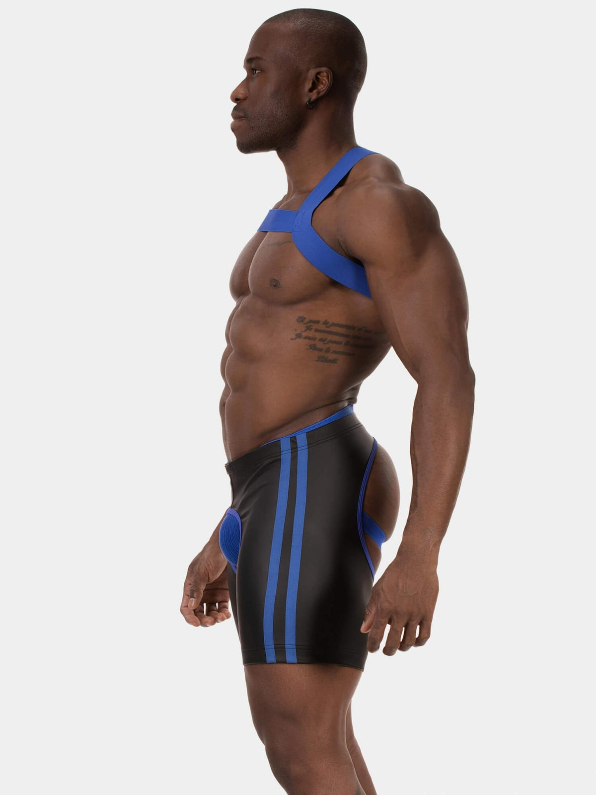 Barcode Berlin blue and black Jinho chaps shorts in leatherette