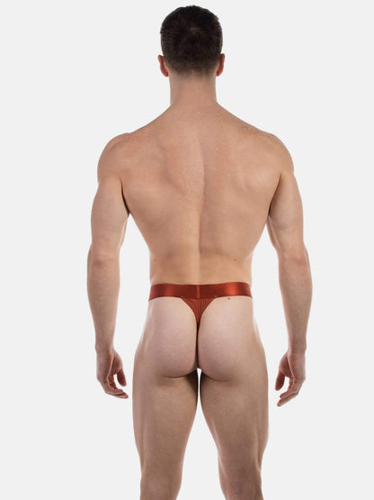 Rear view of a muscular man wearing a metallic copper-brown thong against a light gray studio background.
