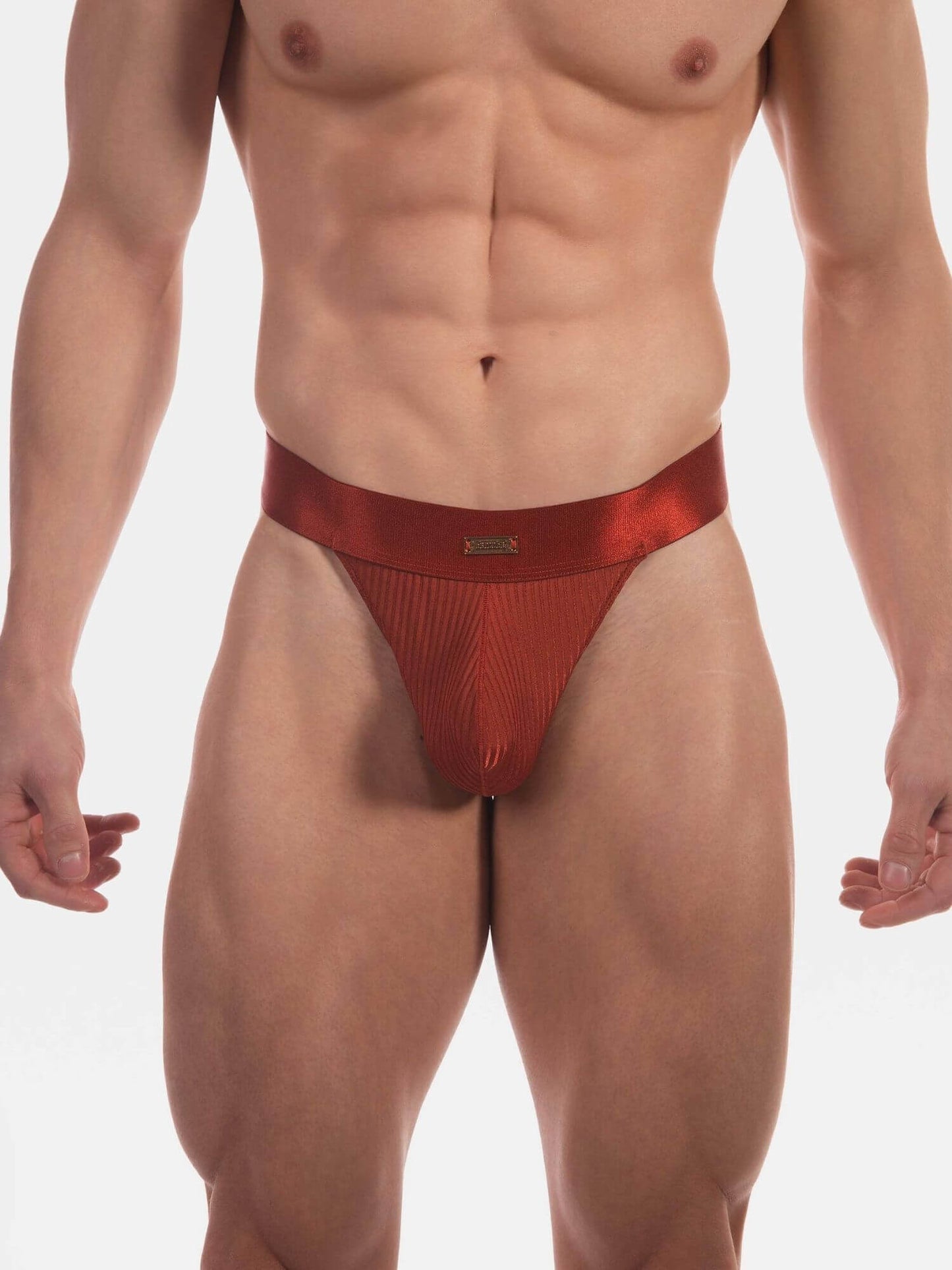 A close-up of a male model's lower torso wearing a metallic red thong with a textured front panel and a small gold brand tag at the center waistband, against a plain light gray studio background.