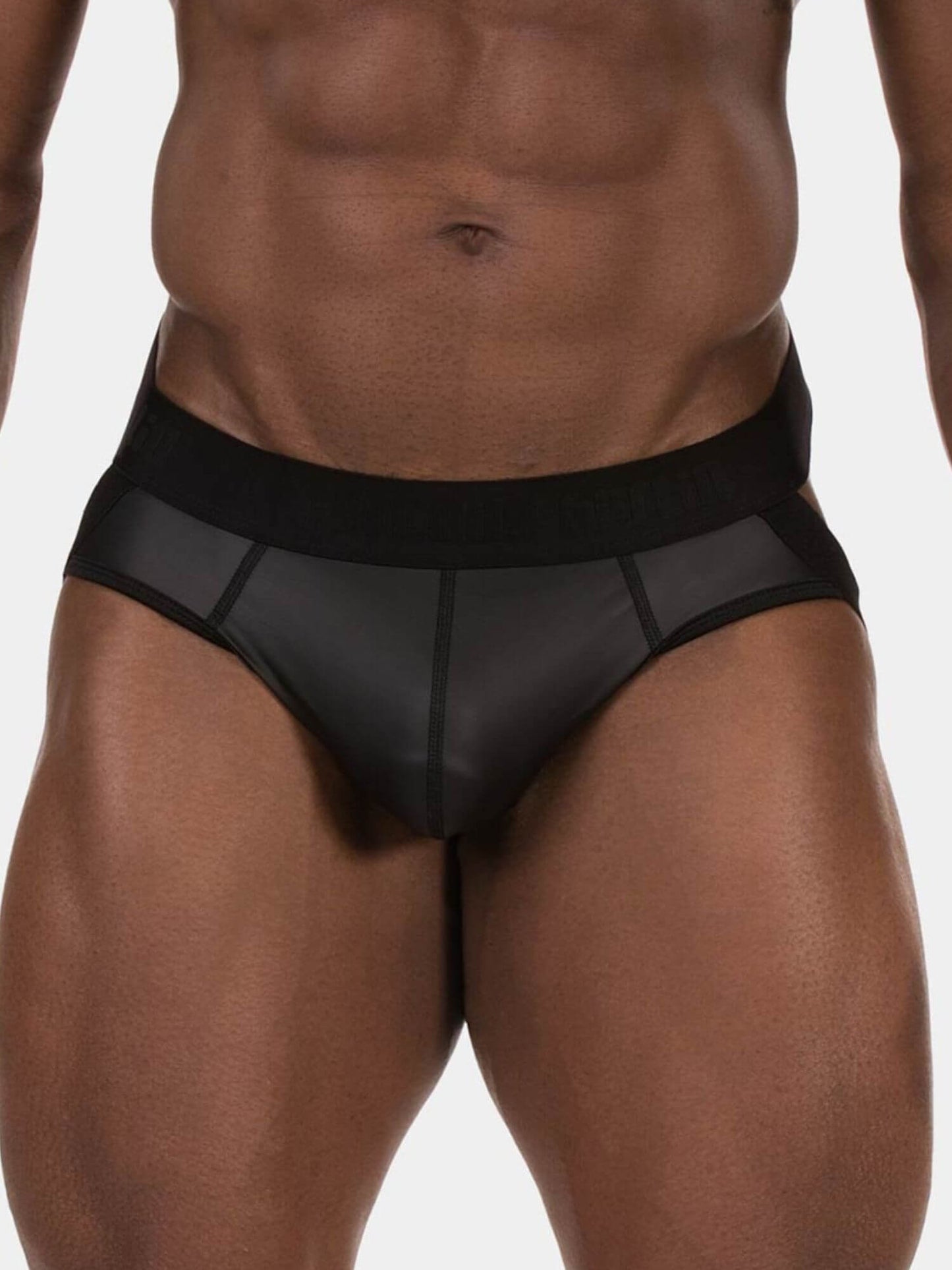A close-up of a male model wearing black low-rise jockstraps with a sheer mesh front panel and a wide elastic waistband, set against a plain light gray background.