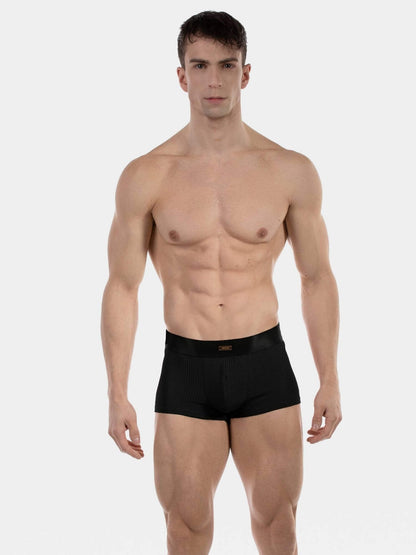 A muscular male model wearing black boxer briefs, standing against a solid light gray background.