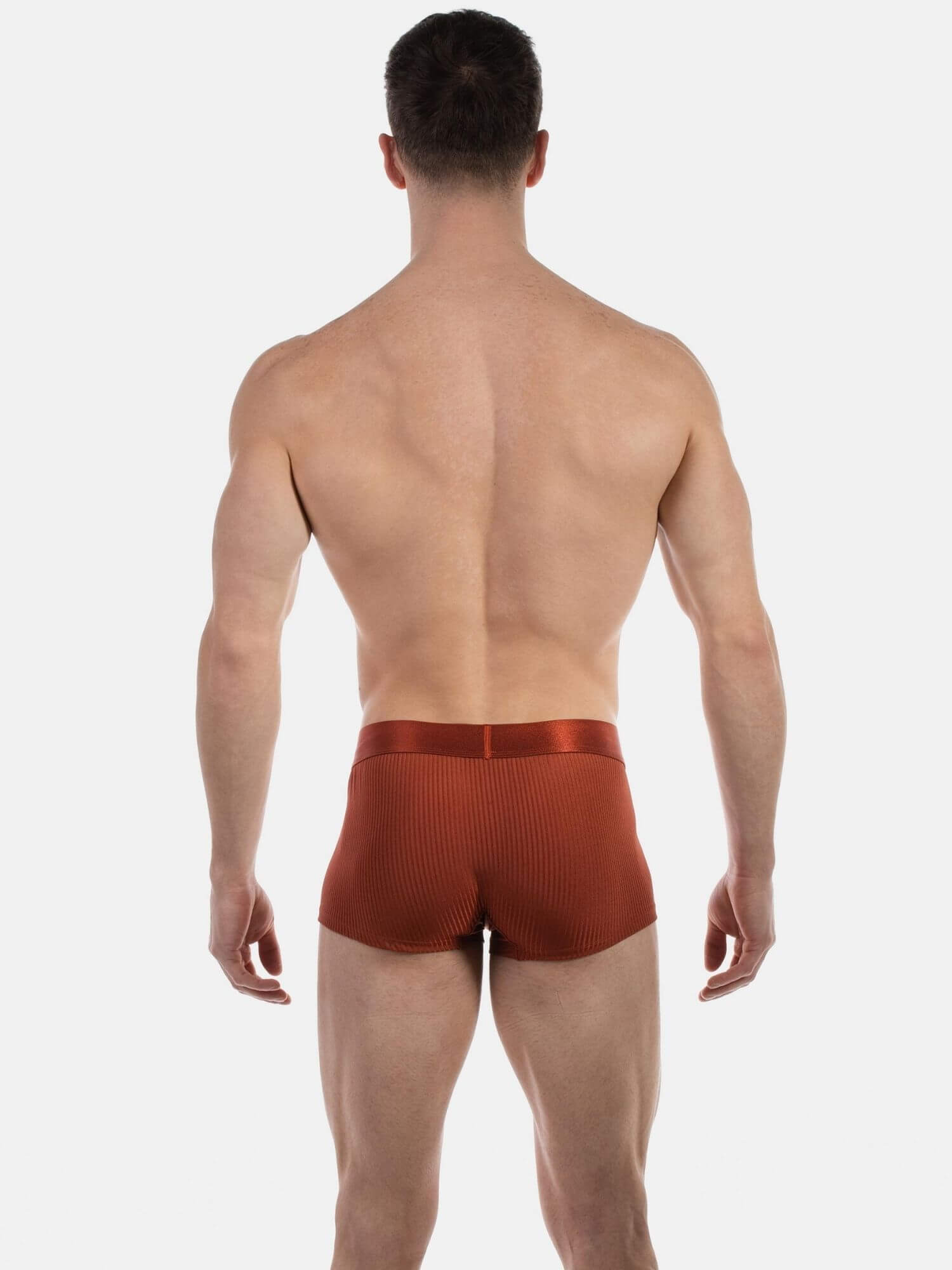A man viewed from the back wearing ribbed brown boxer briefs against a light gray studio background.