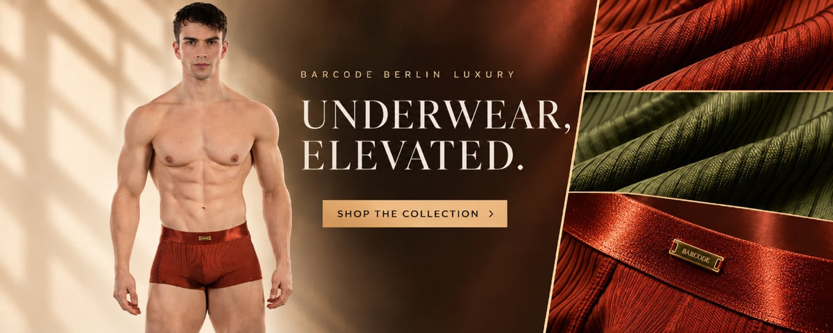 Promotional banner for Barcode Berlin Luxury underwear, featuring a shirtless male model wearing burgundy briefs on the left, and close-up views of textured fabric in burgundy, green, and dark red on the right, with the text 'UNDERWEAR, ELEVATED.' and a 'SHOP THE COLLECTION' button.