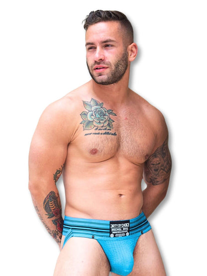 Man wearing a aqua men's jockstrap underwear with a white background