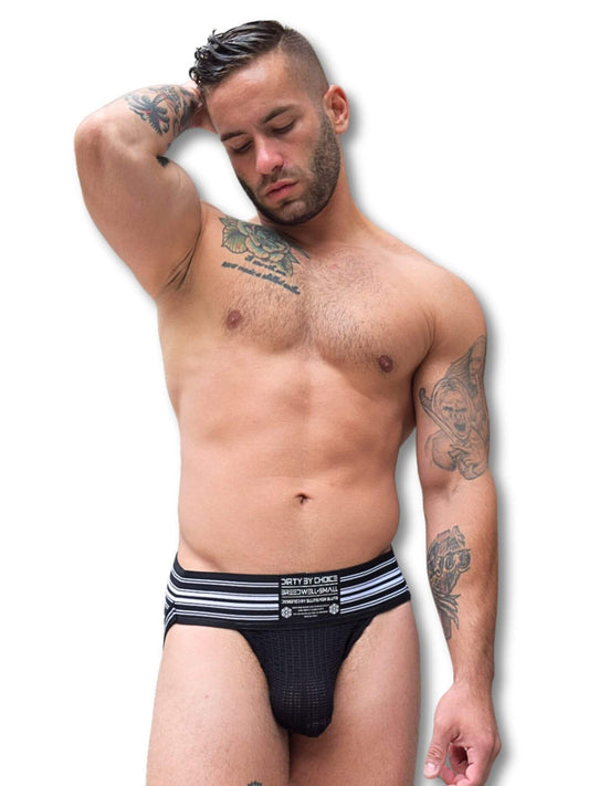 Man wearing black underwear with striped waistband on a white background