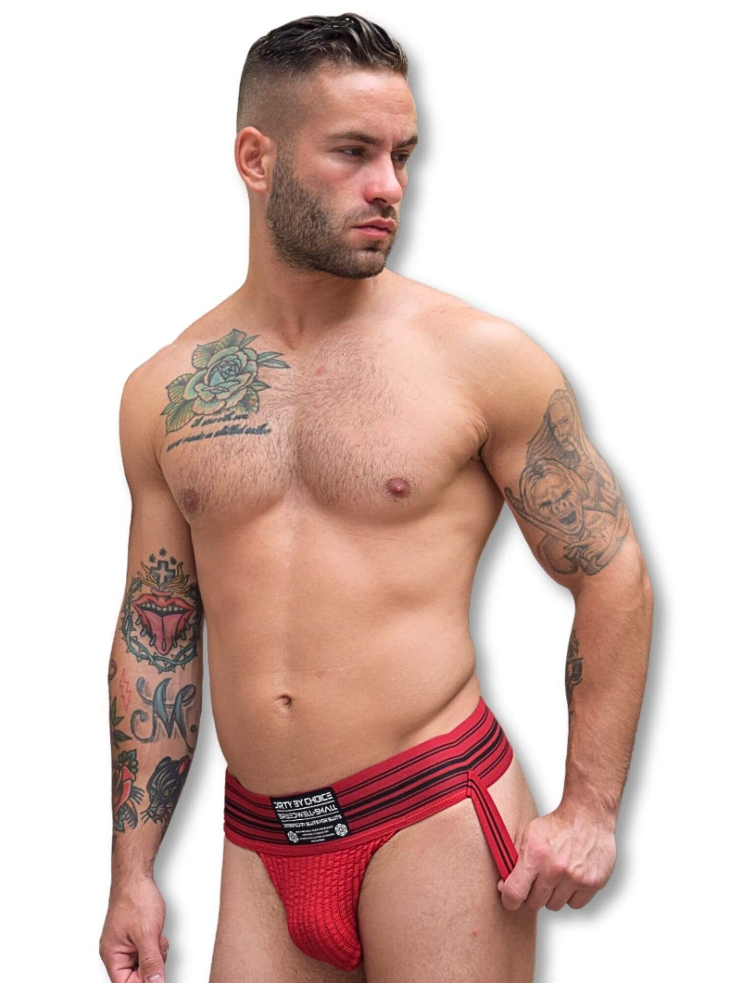 Man wearing a red men's underwear with a white background