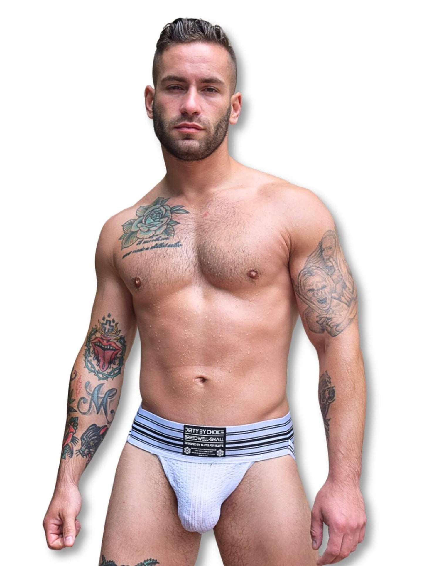 Man wearing a white men's underwear with a white background