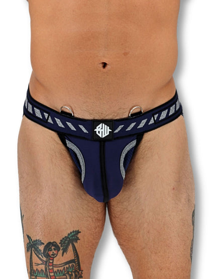 Navy blue men's underwear with a white logo on a white background
