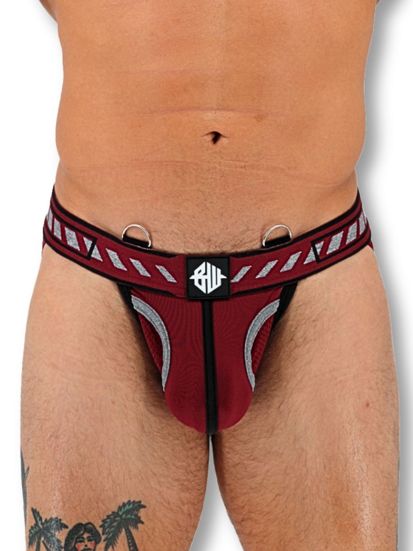Red men's underwear with a brand logo on a white background