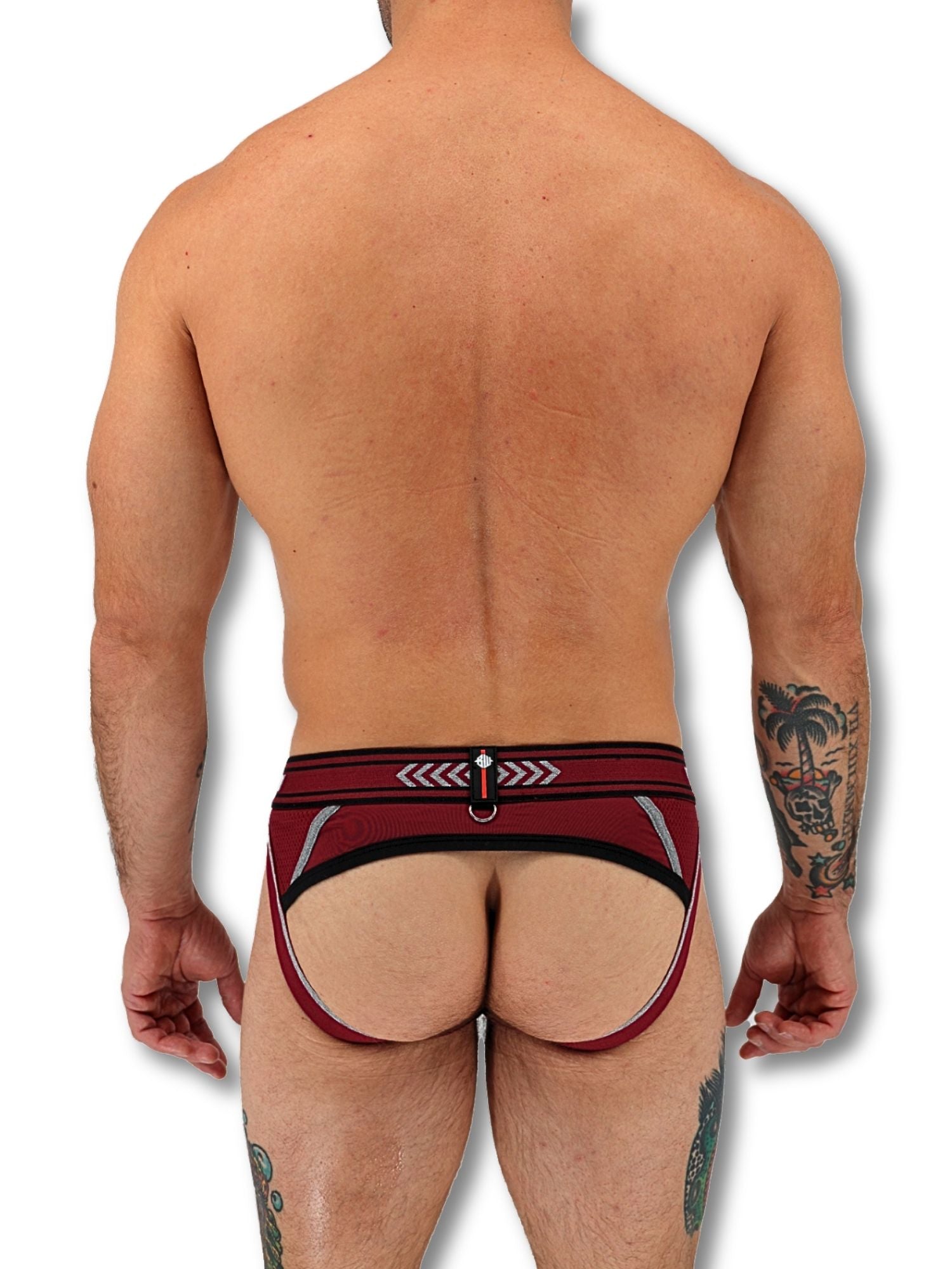 Man wearing a red and black men's underwear on a white background