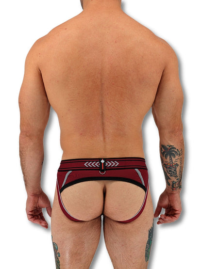 Man wearing a red and black men's underwear on a white background