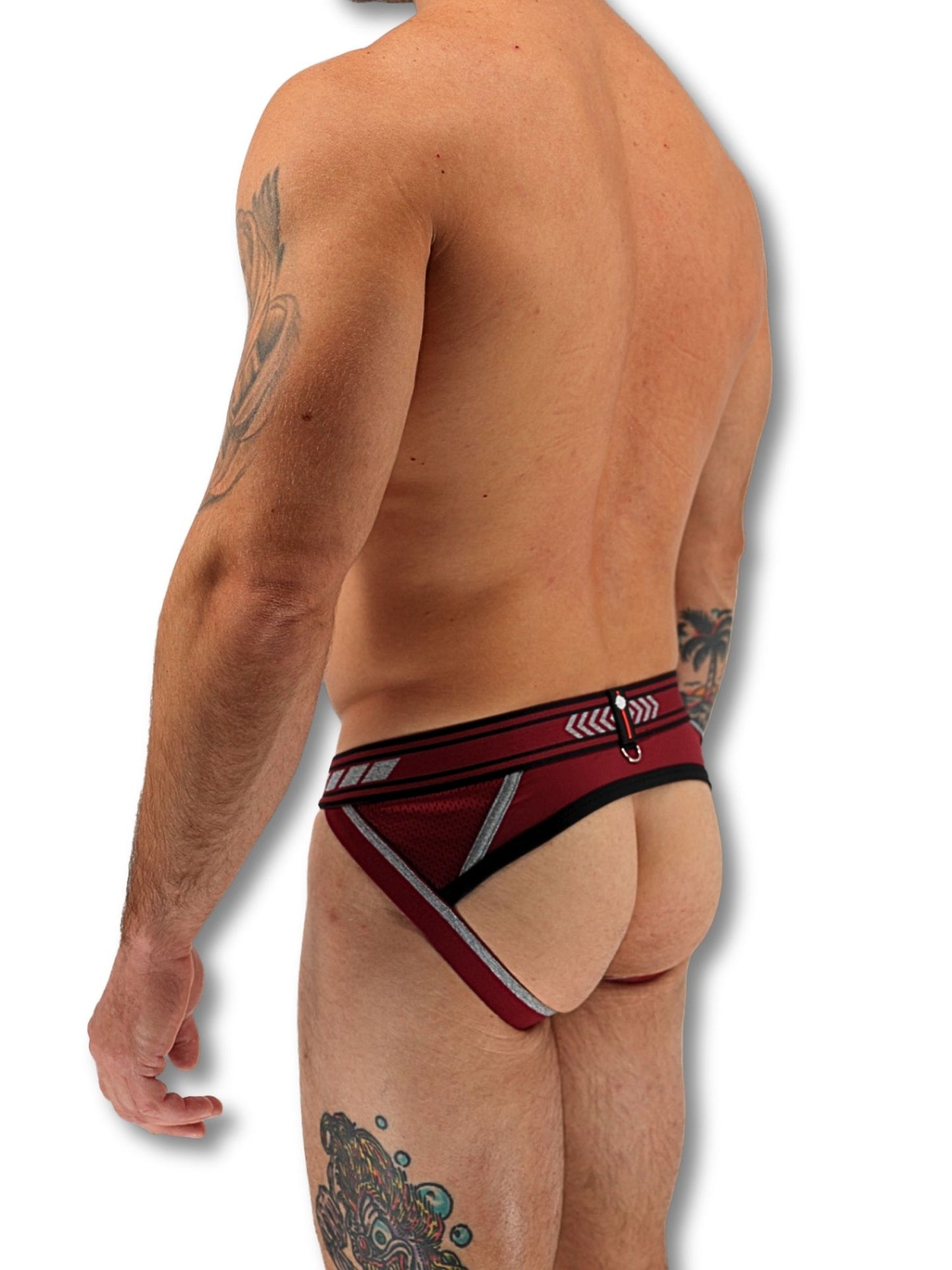 Man wearing a red and black men's underwear with a white background