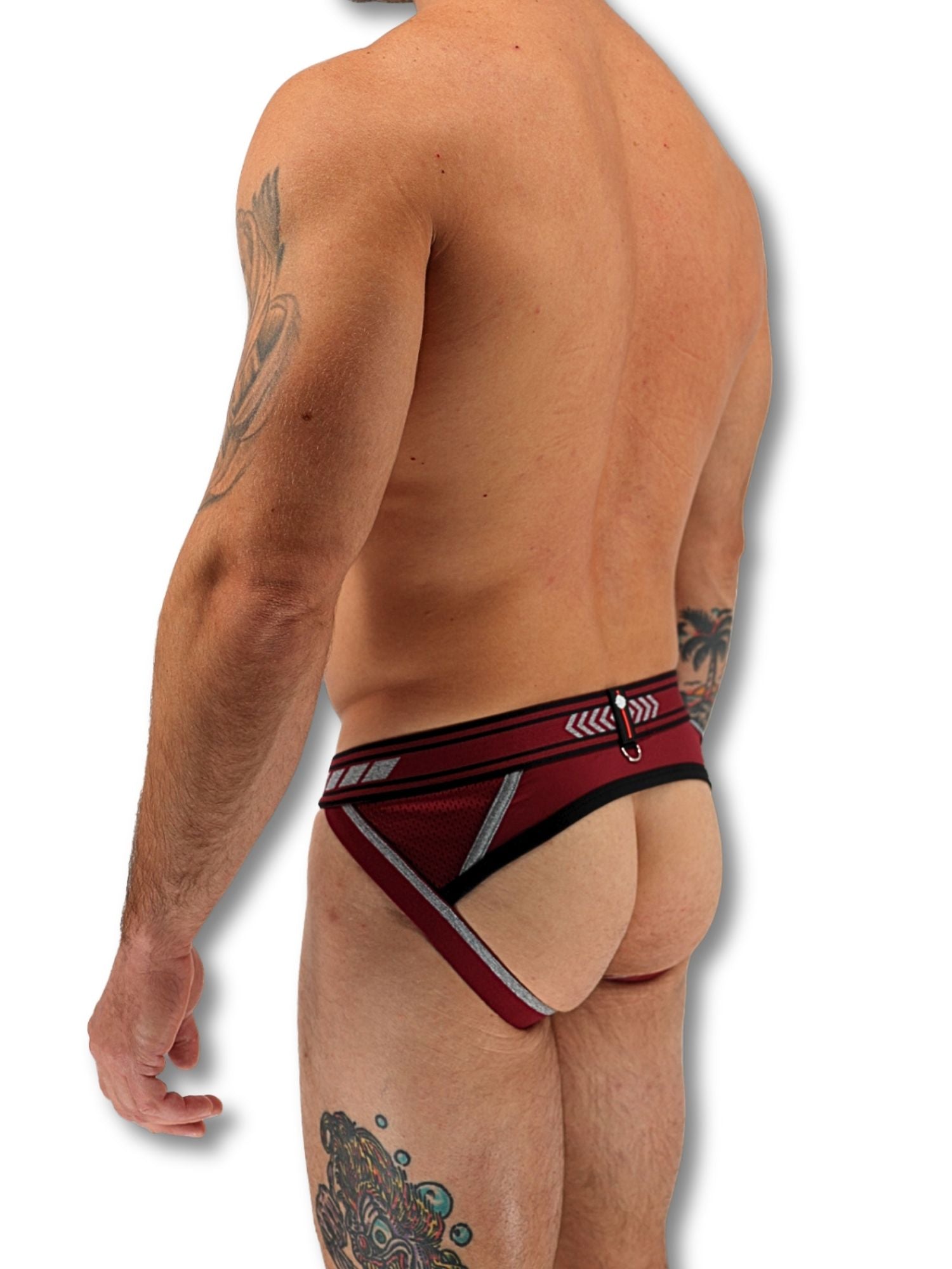 Man wearing a red and black men's underwear with a white background
