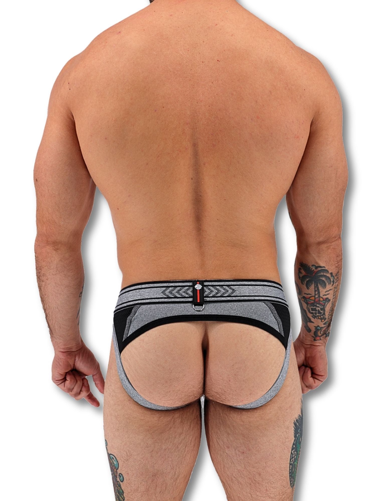 Man wearing a black and gray men's underwear on a white background